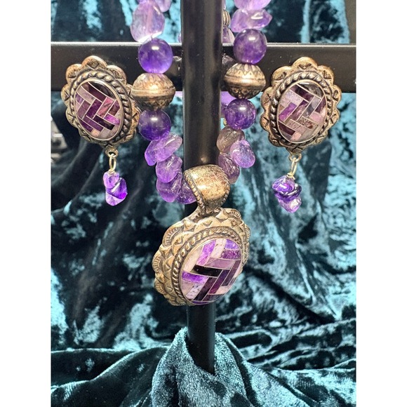 Carolyn Pollack Amethyst Inlay Necklace Pendant Earrings Set Sterling Silver 18" - Picture 5 of 15